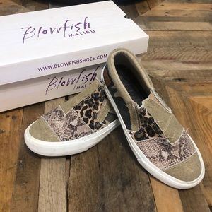 Blowfish patchwork leopard camo slip on tennis shoe 6.5